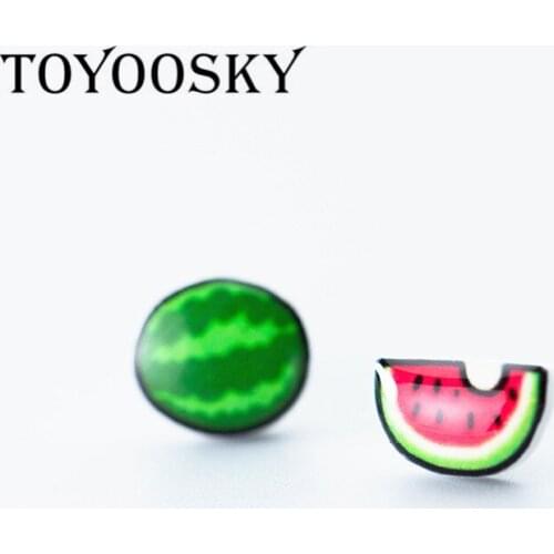 Handmade 925 Sterling Silver Watermelon Asymmetry Stud Earrings With Shrink Plastic Fruit Pattern Ear Season Style Jewelry