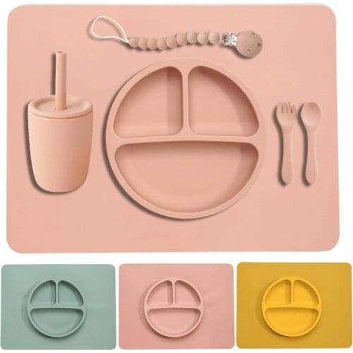 Customized Silicone Newborn Accessories Suction Plates Dishes Waterproof Baby Bibs Forks Spoon Placemat Sippy Cup Pacifier Chain