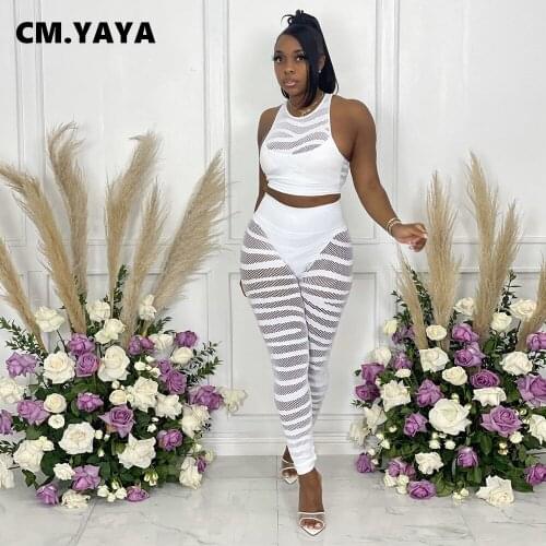 CM.YAYA Sexy Beach Womens Tracksuit Mesh Patchwork Pants with Tank Tops Matching Two 2 Piece Set Outfits Active Sweatsuit