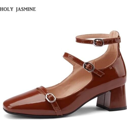 2021 spring cow patent leather Mary Jane shoes fashion simple retro thick high-heeled buckle womens single shoes black brown
