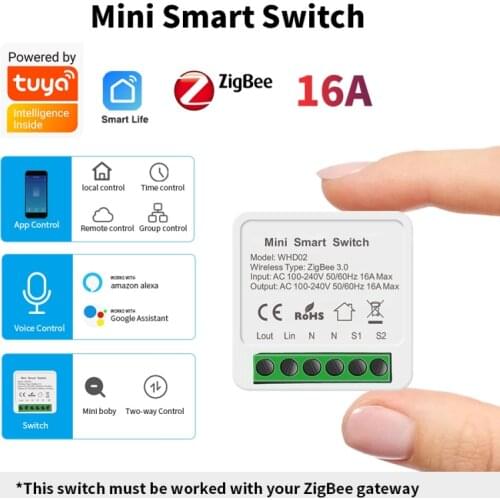 Mini tuya zigbee switch smart wireless switch module 2 way control switch compatible alexa goggle zigbee 3.0 gateway smart life