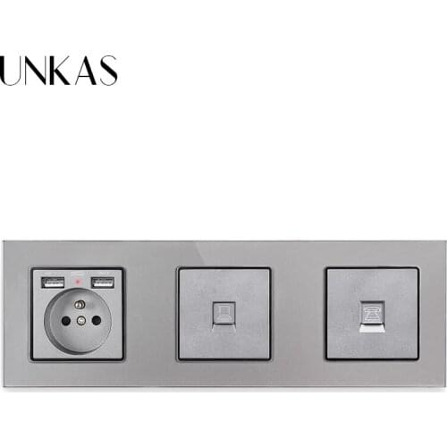 UNKAS French Standard Dual USB Grey Socket + RJ45 Internet Computer Jack + TV Television Connector Port Glass Panel Outlet