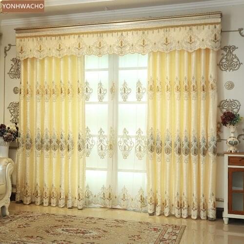 Custom curtains European luxury bedroom embroidered French yellow thick cloth blackout curtain valance tulle drape C862
