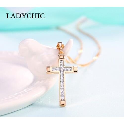LADYCHIC Trendy Gold Color Cross Pendant Copper Material Bling CZ Zircon Women Classic Necklaces Chain Ladies Jewelry Wholesale