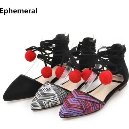 Women Pompon Sandals Ankle Strap Pointed Toe Cover Heel Shoes Mixed Colors 2018 New Arrivals Flat Plus Size 3-12 Black White Red
