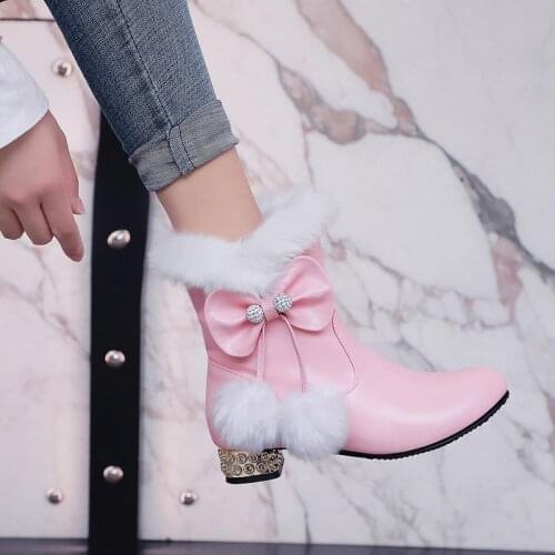 YQBTDL 2020 Autumn Winter Lolita Ankle Boots for Women Chunky Heels Pink Black White Cute Bowtie Faux Fur Tassel Ladies Shoes