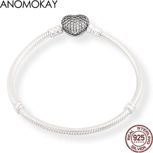 Genuine 100% 925 Sterling Silver CZ Love Heart Basic Bracelet for Women Girl GF Gift DIY Charms Beads Original Bracelet Gift HOT