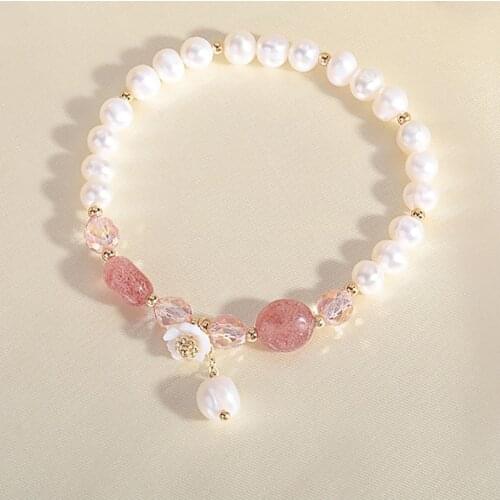 Strawberry Crystal Freshwater Pearl Lotus Women Bracelets On Hand Chain Bangles Jewelry Aesthetic Fashion Female Popular Now New