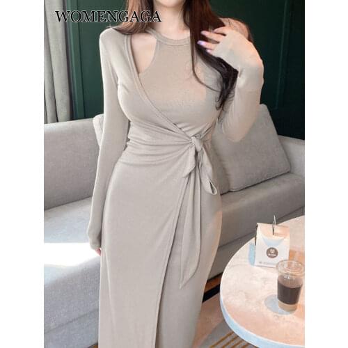 WOMENGAGA Korea 2021 Autumn Winter New Body Feminine Irregular Side Bandage Slim Sexy Split Dress Maxi Long Dresses S8HD