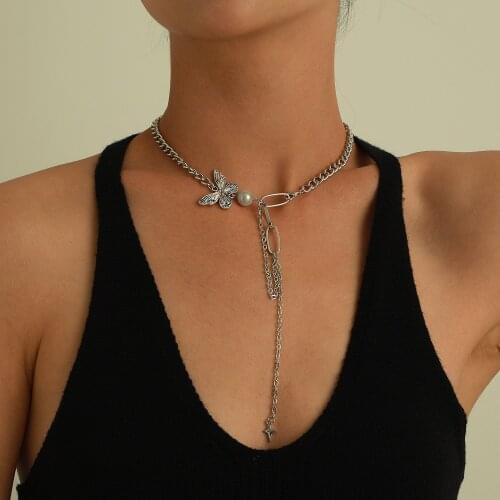 Imitation Pearl Butterfly Star Pendants Necklaces for Women Clavicle Chain Short Necklaces Silver Color 2021 Fashion Jewelry New