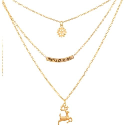 Women Deer Elk Snowflake Pendant Gold Chain Necklace Merry Christmas Multilayer Clavicle Necklace Exquisite Necklace Set