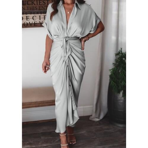 2021 Black Sashes Summer Women Short Sleeve Shirt Dress With Wrap Belt Woman Long Dresses For Women Casual Button Solid Sundress
