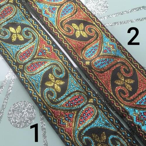 5cm 50mm 2'' Black Wine Blue Turquoise Golden Metallic Paisley Filigree Ethnic Curtain Laciness National Jacquard Ribbon Webbing