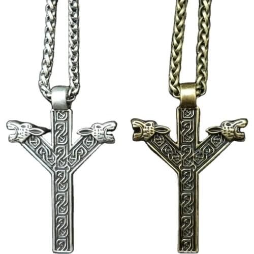 Fashion For Wonmen Men Norse Runes Algiz Protection Amulet Wolf Heads Talisman Viking Necklace Pendant Jewelry
