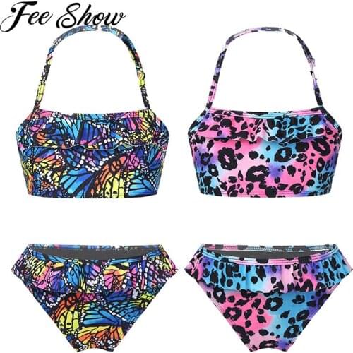 Kids Girls Print Bikini Set Swimwear Adjustable Halter Neck Sleeveless Crop Top Ruffle Hem Briefs Set Swimwear Bathing Suit