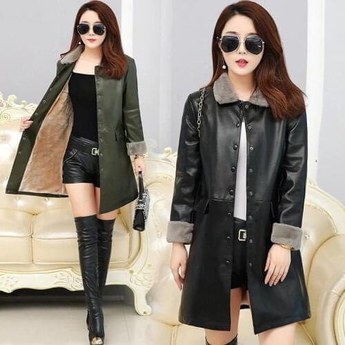 XL-5XL Winter Fleece Female fur Leather Jacket PU Leather black Jacket For Women Casual Turn Collar Warm Long Outerwear 2020 New