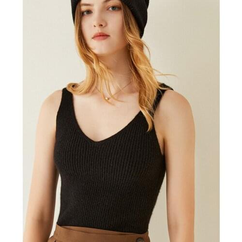 LONGMING Women Knit Top 100% Cashmere Sexy Sleeveless Crop Tank Top Wool Sweater Vest Sleeveless Knitted Vest Slim Strap Vest