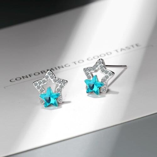 Cute Female Blue Star Crystal Earrings Charm Silver Color Wedding Earrings For Women Simple Hollow Zircon Party Stud Earrings