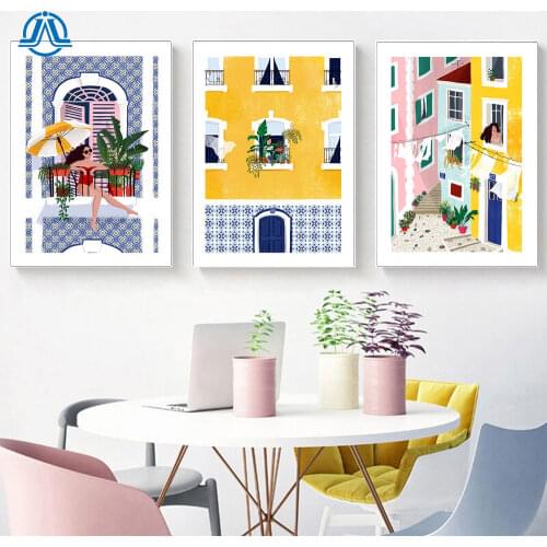 Lisbon Girl Poster Window Plant Canvas Painting City Street Print Wall Art Yellow Architecture Travel Picture On The Wall Decor