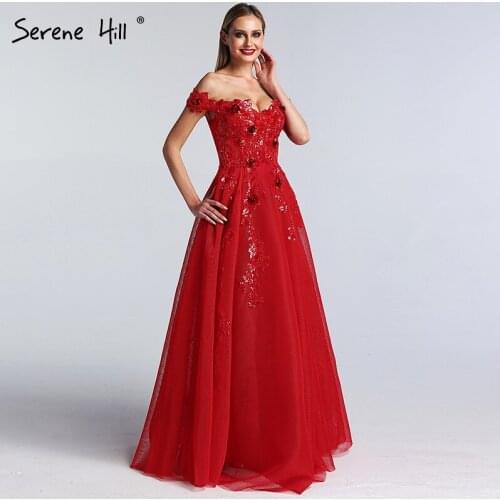 Sexy Red Sequins Appliques Off Shoulder Puffy Evening Dresses Ruffles Formal Dress Party Gown Robe De Soiree BLA60792