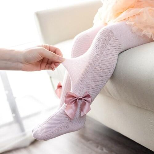Mesh Cotton Bow Tights For Girls Summer Breathable Girls Stockings Knitted Newborn Baby Toddler Tights 0 To 6 Children Pantyhose