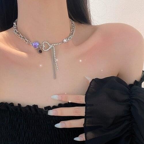 U-Magical Exaggeration Purple Crystal Love Heart Metal Tassel Asymmetry Pendant Necklace for Women Hollow Chain Necklace Jewelry
