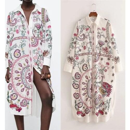 TRAF Za 2021 White Long Shirt Women Print Button Up Shirt Woman Vintage Long Sleeve Blouse Female Asymmetric Hem Summer Top