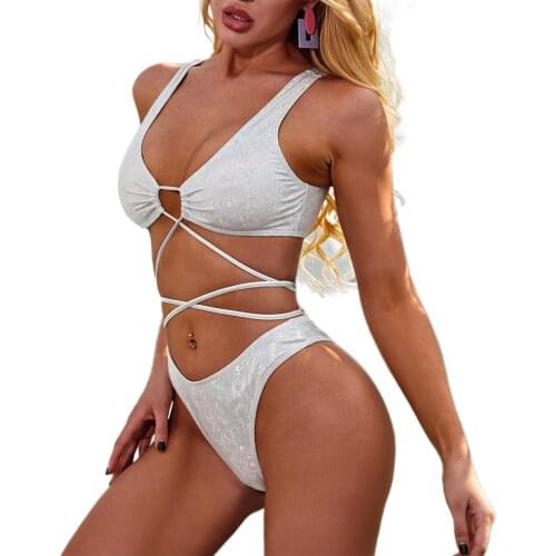AA Women Sets Summer Bandage Swimsuit Push-up Sequined Elastic Drawstrings Off-Shoulder Hollow Rings Beach Thong Bikini Suits