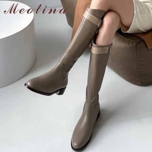 Meotina Genuine Leather Riding Boots Women Shoes Thick Heel Knee High Boots Low Heel Round Toe Zipper Lady Boots Winter 40 Gray