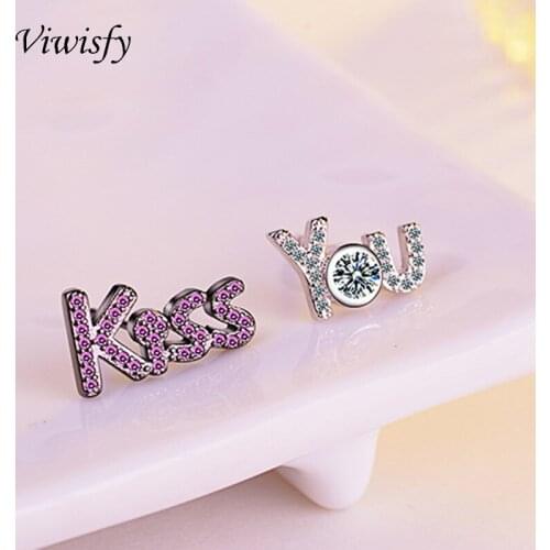 Viwisfy Letter Kiss You Crystal Studs Jewelry Earrings Real 925 Sterling Silver Earring For Woman VW21091