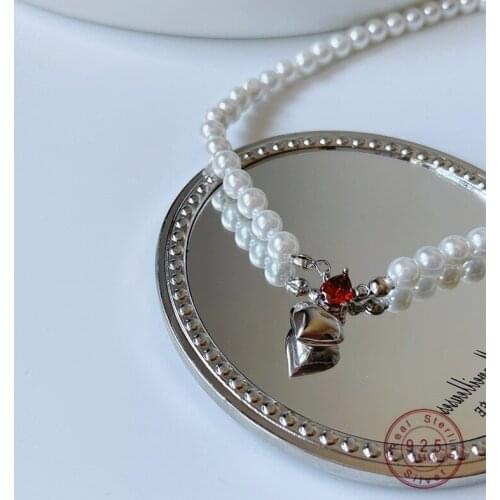 HI MAN S925 Sterling Silver Red Crystal Heart Natural Freshwater Pearl Beaded Necklace Women Classic Birthday Gift Jewelry