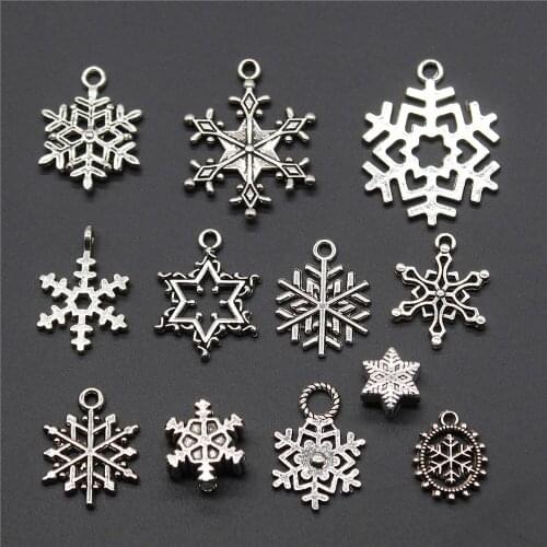 15pcs Charm Snowflake Vintage Antique Silver Color Snowflake Pendant Charms For Jewelry Christmas Charms