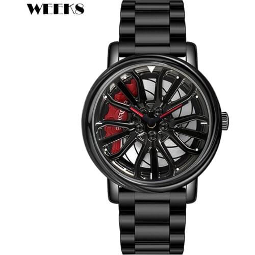 Hollow Dial Men Quartz Wrist Watches Creative Car Wheel Rim Hub Rotating Rotation Watch Waterproof Clock Cool Male Wristwatch