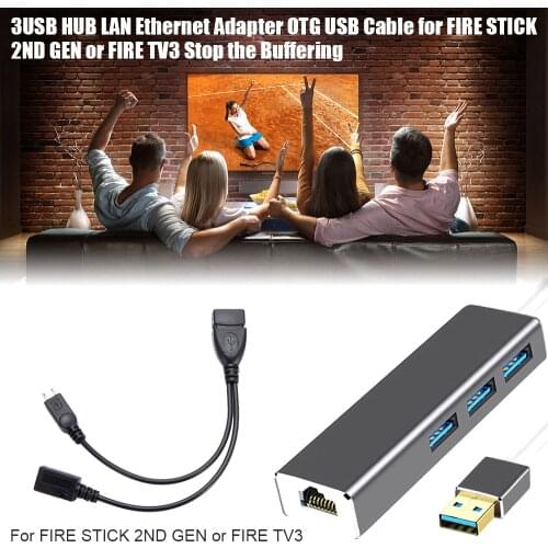 For Amazon Fire For Generation 2, 3 or 4 Super FAST 10/100 Mbps Auto-sensing 3 PORT USB HUB LAN Ethernet connector & OTG adapter