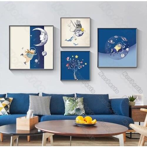 Modern Style Canvas Painting Art Cartoon Animals Flowers Blue Planets Wall Poster and Print for Home Nursery Rooms Wall Decorati