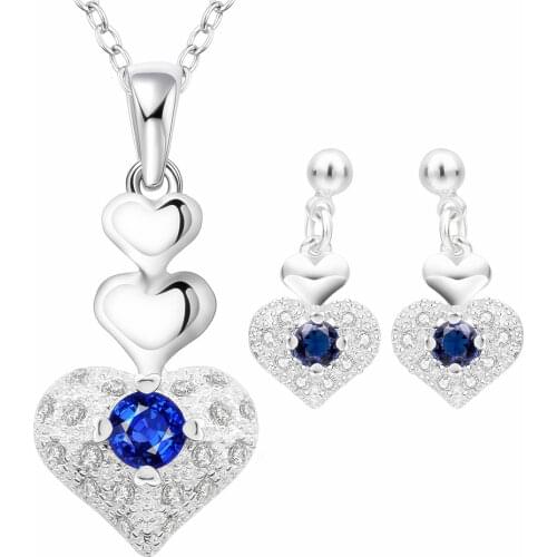 Womens Sterling Silver 925 Set Earrings Necklace Heart Blue Crystal Zircon Jewelry Sets Female Wedding Engagement Jewelry