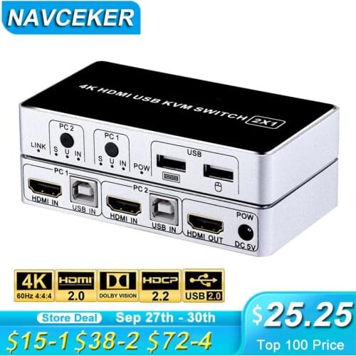 Navceker 2 Port HDMI KVM Switch 4K KVM HDMI USB Switch Support USB 2.0 Keyboard Mouse KVM Switch USB for PC Laptop XBox Monitor