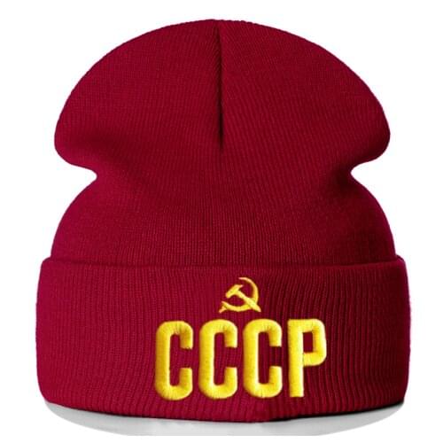 New High Quality Lucky Red CCCP Russia Emblem Communism 3D Embroidery Knitted Hats Beanie Cap USSR Soviet Badges Sickle Hammer