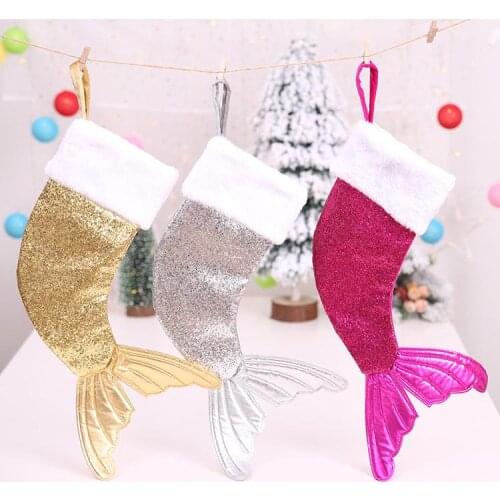 New Style Christmas Ornament Mermaid Stockings Gift Wrap Christmas Tree Pendant Sequin Mermaid tail Stockings Gift Bag SN1479