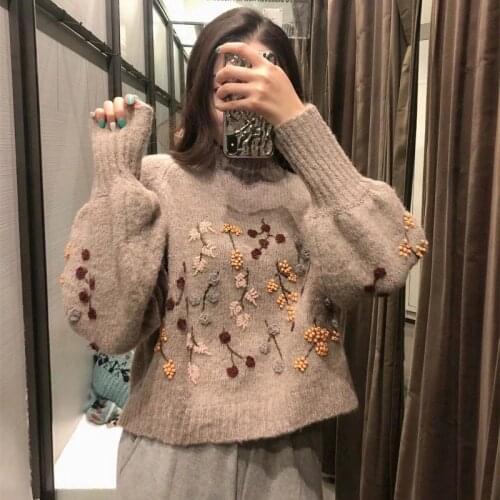 Autumn Winter Womens Vintage Korean Long Sleeve Pullover Flowers Beaded Fashion Female Harajuku Warm Knitted Sweater