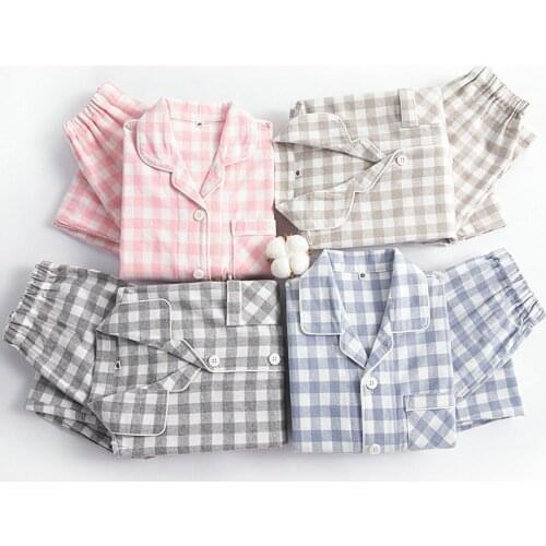 2021 Spring Fall Autumn Winter Boys Girls Button Down Pajamas Childeren Clothing Sets Kids Brushed Finish Cotton Plaid Homewear