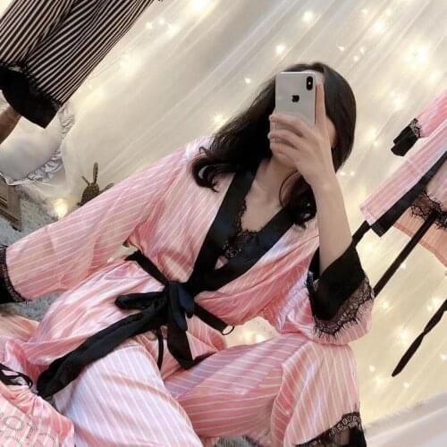 Pink Womens Pajamas 6 Pcs Pajamas Set Satin Silk Print Striped Pajamas Autumn Sexy Lace Lingerie Female Sleepwear Home Suit