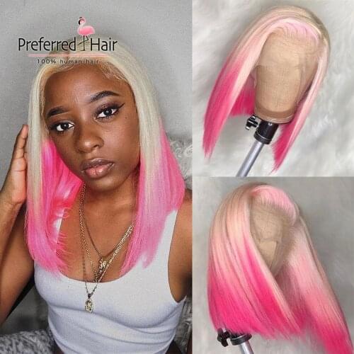 Preferred Pink Ombre Lace Front Human Hair Wigs Green Short Bob Wigs With Baby Hair Pre plucked Transparent Lace Wigs For Women