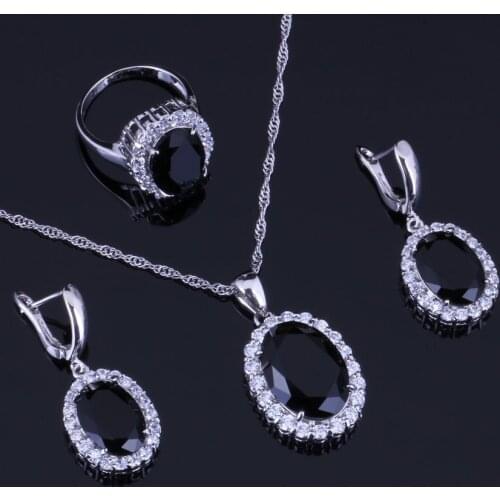 Amazing Oval Egg Black Cubic Zirconia White CZ Silver Plated Jewelry Sets Earrings Pendant Chain Ring V0283