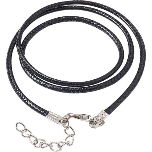 100Strands Imitation Black Leather Cords For Jewelry Necklace Making Platinum Color Iron Clasp and Adjustable Chain 17" long