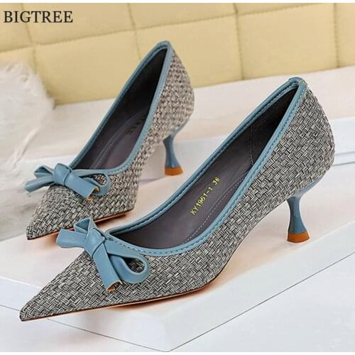 Comfort Wine Glass Heel 6cm Female Fashion Woven Dress Shoes Blue Pointed Sweet Patchwork Leather Bowknot Women Pumps Heels 2021