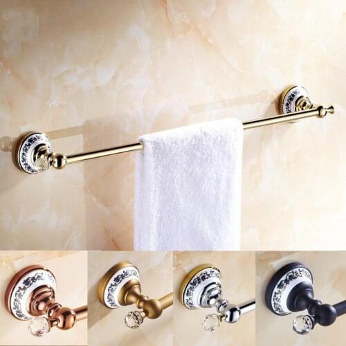 Vidric Towel Bars European Style Golden Crystal Solid Brass Towel Rail Single Towel Bar Bathroom Towel Holder Bathroom A