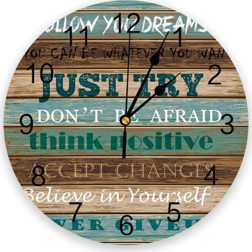 Follow You Dreams Vintage Old Wooden Board Print Wall Clock Wall Art Silent Round Wall Watch for Home Decortaion Gift