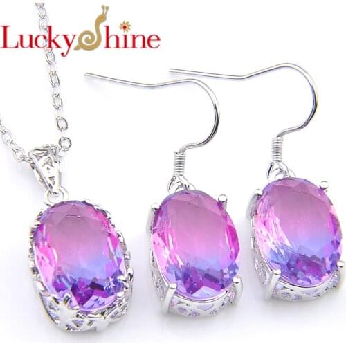 Luckyshine Fashion Mystic Purple Crystal Oval Silver Plated Earring and Pendant Holiday Gift Jewelry Sets