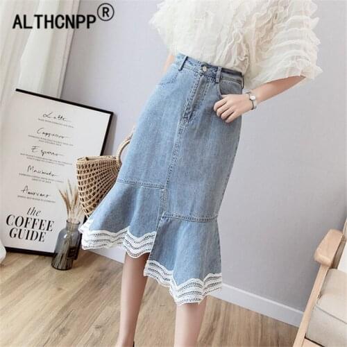 Faldas mujer moda 2019 Summer New Korean Ruffled Denim Skirt Women Lace Mermaid Skirt Female jupe en jean femme